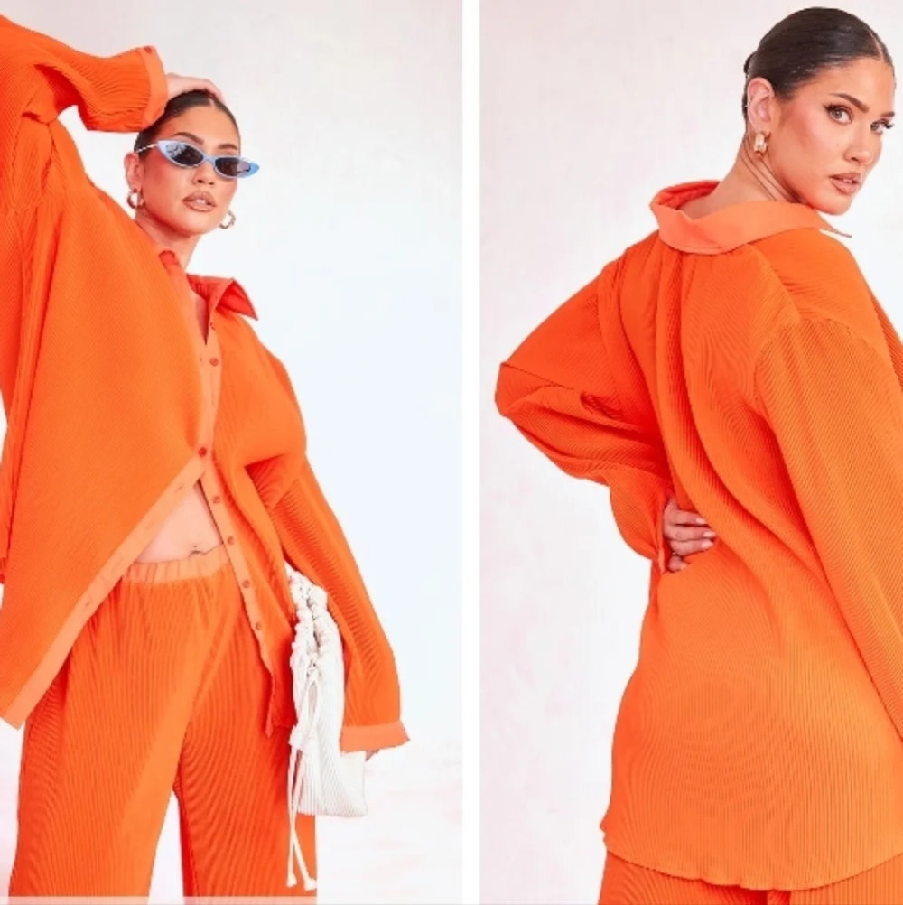 Pretty Little Things Neon Orange Plisse Button Front Oversized Shirt Petite 4
